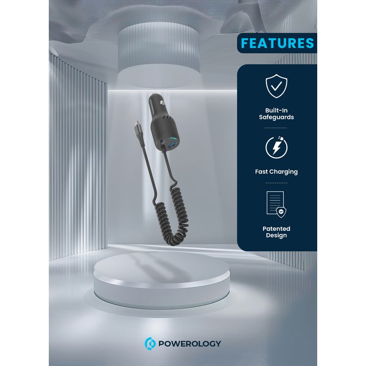 Powerology Triple Output Car Charger with 45W PD & 18W QC 3.0, Retractable Type-C Cable, Cooling Air Vent, ABS & PC Material, Built-in Safeguards, Fast Charging - Black