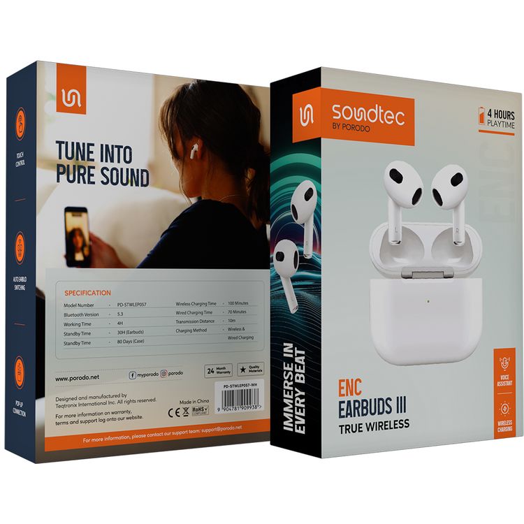 Porodo Soundtec ENC Earbuds III True Wireless with 4 Hours Working Time, Wireless Charging Compatibility, 10m Transmission Distance, Pop-Up Connection - White