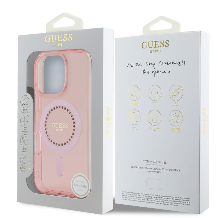 غطاء GUESS MagSafe IML بتصميم بحجارة الراين لهاتف آيفون 16 برو، تركيب سهل، حماية من السقوط، نحيف - وردي