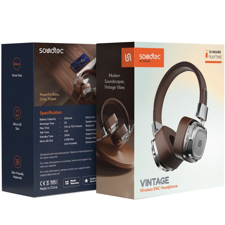 Porodo Soundtec Vintage Wireless ENC Headphones, Up to 12 Hours Battery Life, 10m Transmission Distance, 350mAh Battery Capacity, 2 Hours Recharge Time - Brown/Silver