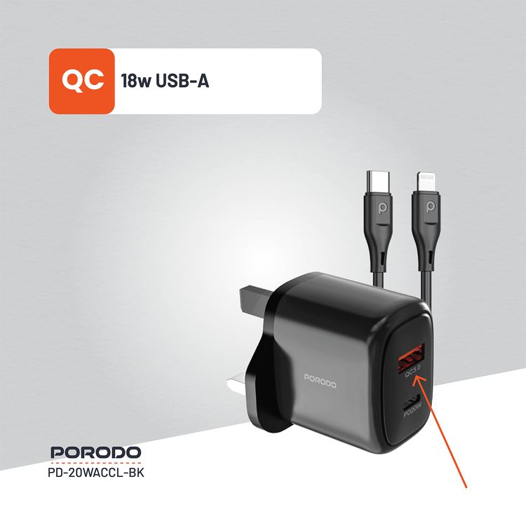 Porodo Dual Output Quick Charger with Type-C to Lightning Cable, 20W Power Delivery, QC 18W, UK 3-Pin Plug, Simultaneous Charging, Universal Compatibility - Black