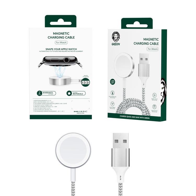 Green Lion Magnetic Braided Nylon Charging Cable 1.2M ( USB-A Interface ) Compatible for iWatch Series SE/6/5/4/3/2, Magnetic Charging Cable Cord, Powerful Magnetic Charging Pad