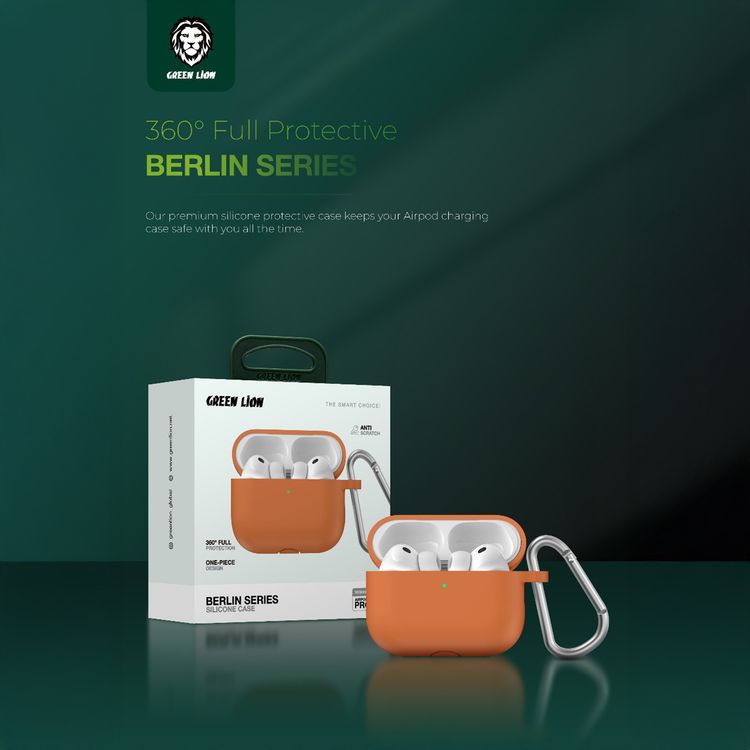 جراب سيليكون لسماعات AirPods Pro 3 من سلسلة Green Lion Berlin مع خطاف معدني قابل للحمل، حماية كاملة 360°، ملائم بدون فجوات، ملمس مريح للبشرة، تصميم قطعة واحدة، مقاوم للخدوش، مضاد للصدمات - لون برتقالي.