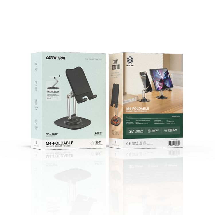 Green Lion M4-Foldable Phone & Tablet Holder, Up to 300g Load Capacity, 360° Rotation, Compatible with 4-12.9" Devices, Non-Slip Silicone Pad, Strong Metal Base, Triaxial & Foldable Design - Black