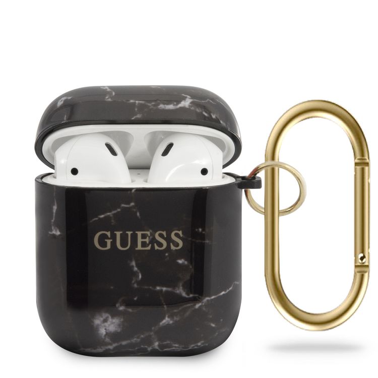 CG Mobile Guess TPU Marble Effect with Anti-Lost Ring for AirPods 1/2, Shock Absorption, Drop Protection, & Dustproof Protective Cover Officially Licensed Black