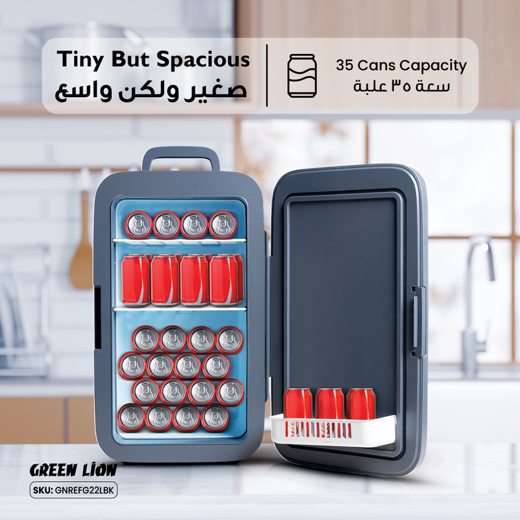 ثلاجة صغيرة جرين ليون بسعة 22 لتر، ضوضاء منخفضة، حماية متعددة، تحكم في درجة الحرارة، خيارات طاقة متعددة، هادئة وصديقة للبيئة، مدمجة ومحمولة، بتقنية التبريد المتقدمة - لون أسود.