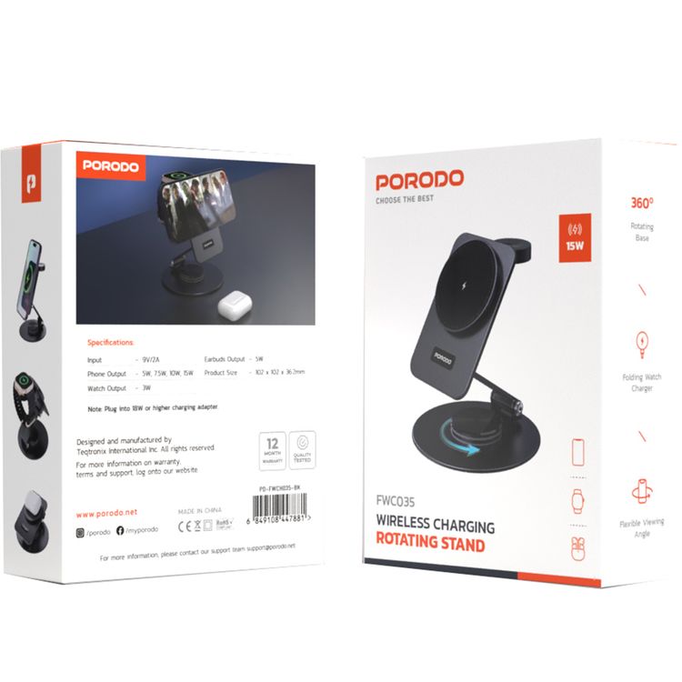 Porodo Wireless Charging Rotating Stand with Folding Watch Charge, Flexible Viewing Angle, 360° Rotating Base - Black