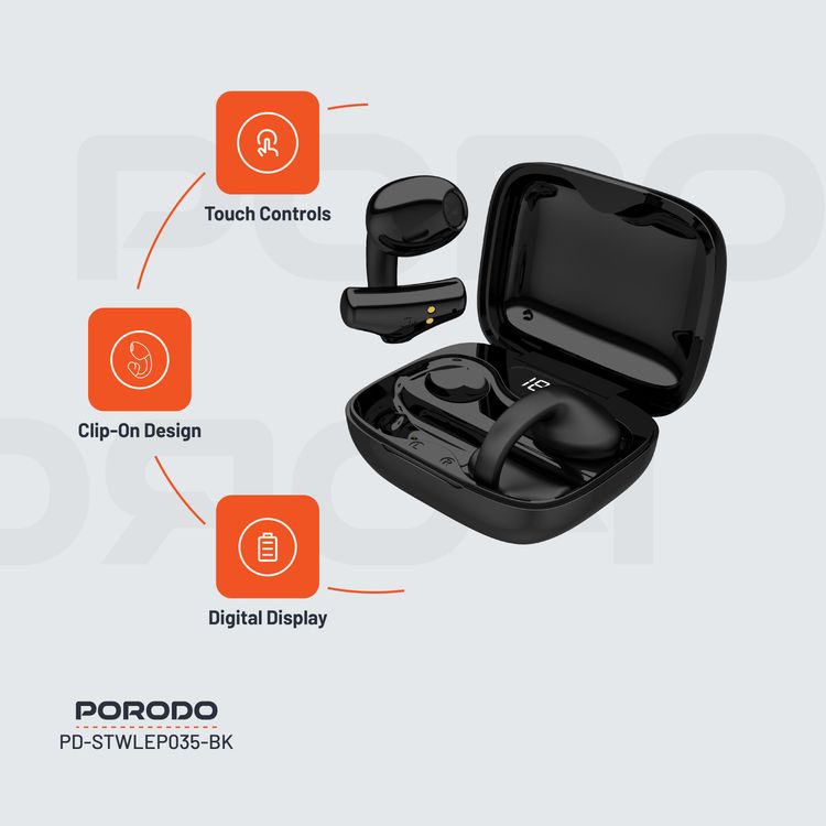 Porodo Soundtec TWS Ear Clip, 10m Transmission Range, Bluetooth V5.3, Up to 24 Hours Play Time, 300mAh Battery Capacity - Black