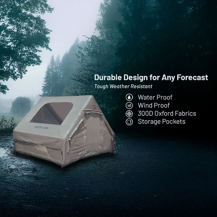Green Lion GT-4X Inflatable Camping Tent, Breathable Anti-Mosquito Design, 3-4 Persons Capacity, Storage Pockets, Ventilated Windows- Beige