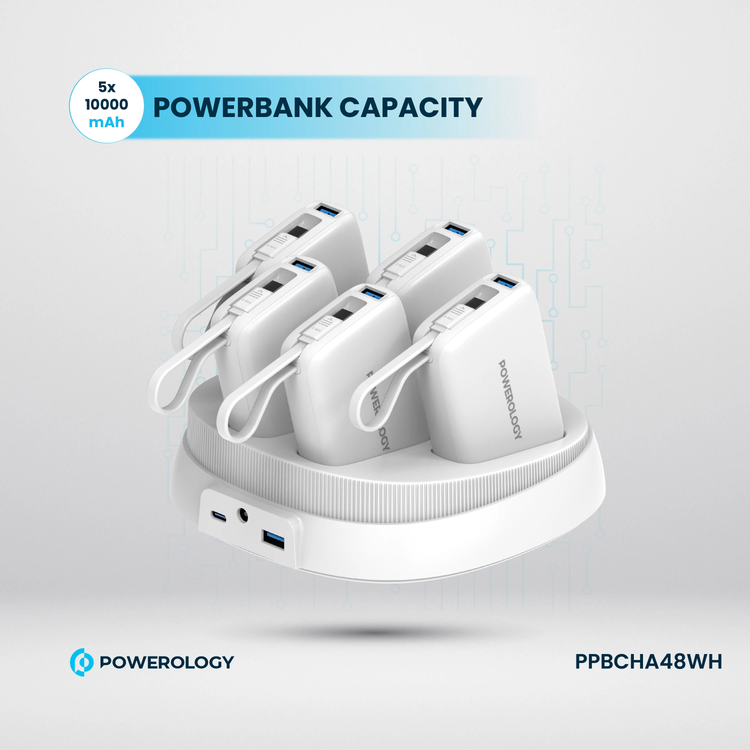 Powerology 5 x 10000mAh Power Bank Station with 50W PD, USB-A, USB-C, Type-C Built-in Cable, 12V/1A Max Contact Input, Rapid Recharging Station, High-Density Batteries, Type-C Built-in Cable, 5V/3A Total Output, Built-in Safeguards - White