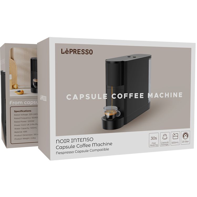 ماكينة صنع القهوة بالكبسولات أوتوماتيكية من LePresso، متوافقة مع نسبريسو، قدرة كهربائية 1200 واط، تسخين سريع في 30 ثانية، تحضير دقيق، سعة مياه 500 مل، ضغط مضخة 20 بار - أسود.
