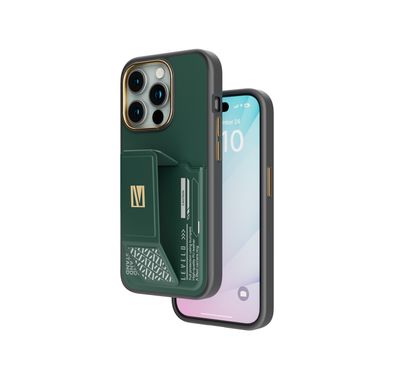 Levelo Morphix Cuero Gripstand Case for iPhone 15 Pro with Cardholder, Multi-Positioning Modes, PU Leather Material, Shock-Proof Edges - Green