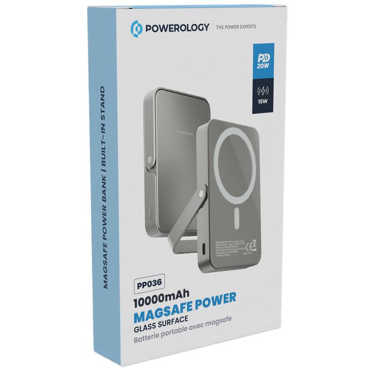 Powerology 10000mAh Magsafe Glass Surface Power Bank, Compact Design, Type-C & Wireless output, Integrated Stand, Aluminum Material, 20W Power Delivery, Cable-Free - Titanium 