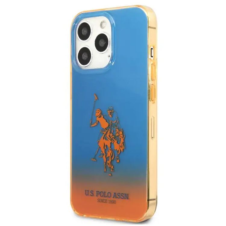 USPA PC / TPU جراب متدرج مع مصد مصبوغ وشعار الحصان متوافق مع iPhone 14 Pro - أزرق / برتقالي