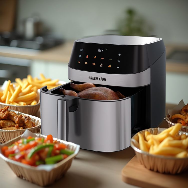 Green Lion Deluxe Air Fryer with LED Touch Screen, 8L Capacity, Up to 60 Minutes Frying Time, 10 Preset Programs, Rapid Air Circulation, 2200W Power, Non-Stick Coating - Black