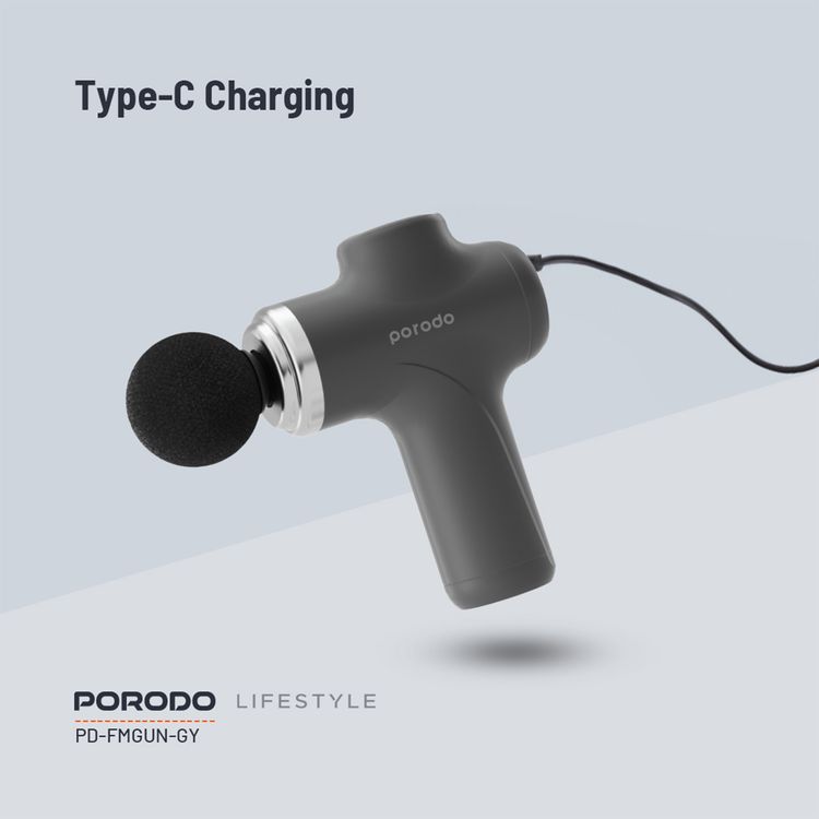 Porodo Lifestyle Precision Handheld Massager with 4 Interchangeable Heads, Up to 120 Minutes Working Time, 2 Hours Charging Time, Type-C Charging Port, 1500 mAh Battery Capacity, 15 W Rated Power, 6 Intensity Levels - Gray