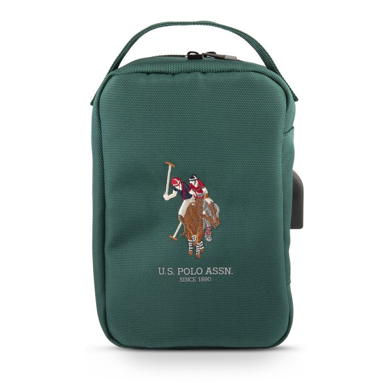 حقيبة يو إس بولو أسن نايلون للأجهزة اللوحية، مزودة بمنفذ USB، وجيب شبكي، وسحاب إغلاق، ومقابض حمل، ومساحة واسعة، وخفيفة الوزن، وسهلة الحمل - لون أخضر
