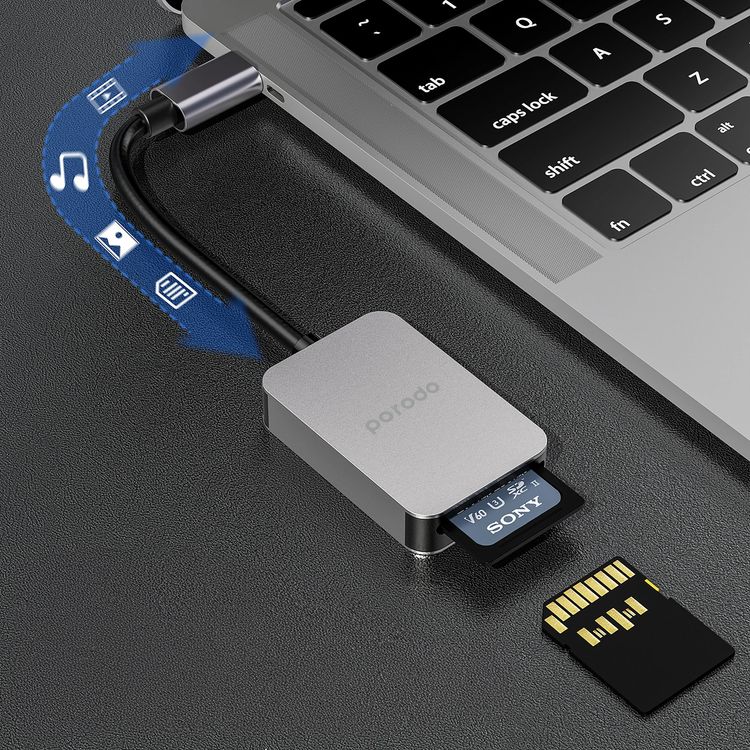 Porodo 2-in-1 USB-C Card Reader with Type-C Input, SD V4.0 & Micro SD V3.0 Super Speed Slots, 5 Gbps Data Transfer Speed, Super Lightweight and Portable - Gray 