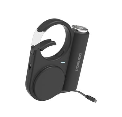 Porodo 5000mAh Outdoor Power Bank with Low, High, Medium, SOS Flash Light Modes, 70cm Retractable Type-C Cable, Adjustable Brightness - Black