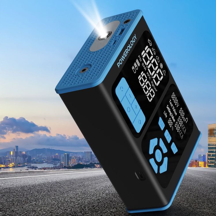 Powerology All-In-One Car Emergency Solution with Jump Starter, Air Inflator, OBD II Car Fault Diagnosis Toll, Smart Inflation System, 0.01-Bar Precision, Universal Device Charging, Digital Pressure Display, Large Battery Capacity, Multi-Vehicle Ready - Black/Blue