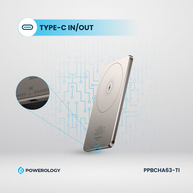Powerology Ultra-Thin 5000mAh MagSafe Power Bank, Portable & Lightweight, Efficient Heat Dissipation, Aluminum Housing, Built-In Safeguards, Strong Magnet - Titanium