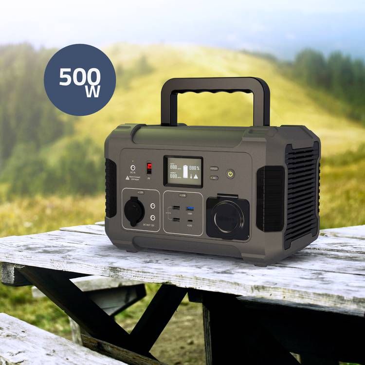 Powerology Portable Power Generator with LCD Information Panel, 140400mAh, 500W, QC 18W, PD 45W, Max Surge 750W, Overload and Overheating Safeguards, Solar Panel - Black