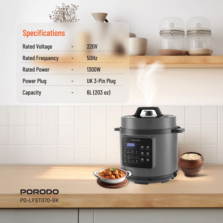 Porodo 1300W Multi-Cuisine Pressure Cooker with 6L Capacity & LED Display, One-Pot Meals, 12 Preset Functions, Pressure Release Button, One-Touch Control, Auto Pilot Cooking, Customizable Cooking Programs - Black