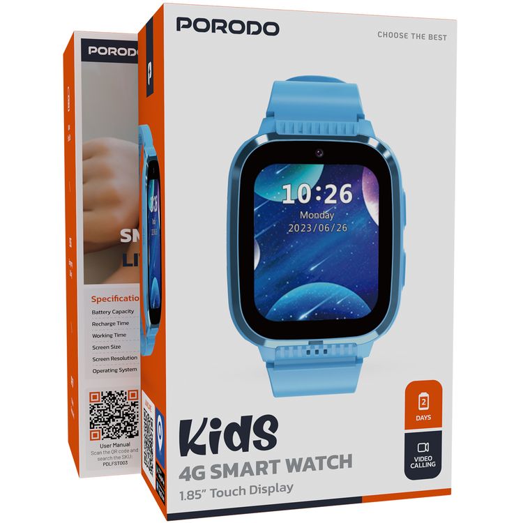  Porodo 4G Kids GPS 1.85 inches Smart Watch Junicare with Touch Display, 36 Hours Working Time, 3 Hours Charging Time, Video Calling - Blue