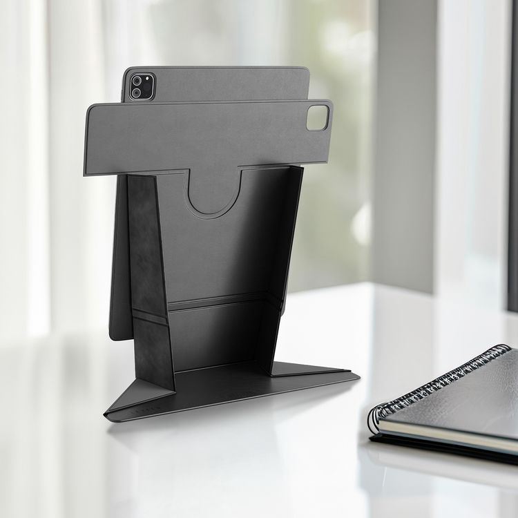 حافظة Levelo Folio Elegante لجهاز iPad Pro 12.9" 2022، دوران 360°، تصميم متعدد الطيات، مصنوعة من مواد بنمط جلد PU، مقاومة للبقع، غلاف مغناطيسي قوي - باللون الأسود