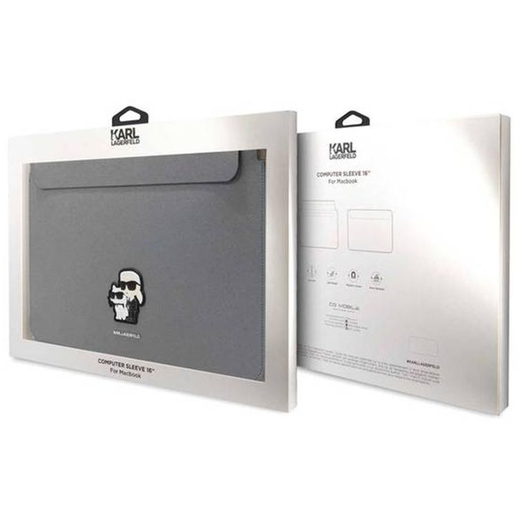 Karl Lagerfeld  Saffiano Laptop Sleeve for Computer 16" with Karl & Choupette NFT Logo, Genuine Leather Material, Water-Resistant, Magnetic Lock - Silver