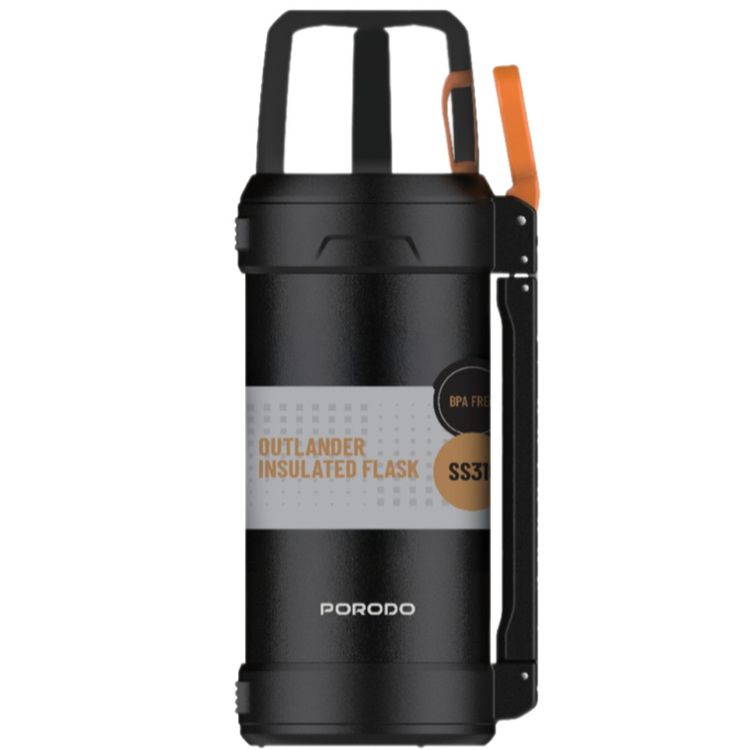 Porodo Lifestyle Outlander Insulation Flask with Triple-Wall Copper Insulated, Leak-Proof Lid, 2L Capacity, Keep Hot & Cold Up to 24 Hours, Food-Grade Stainless Steel - Black