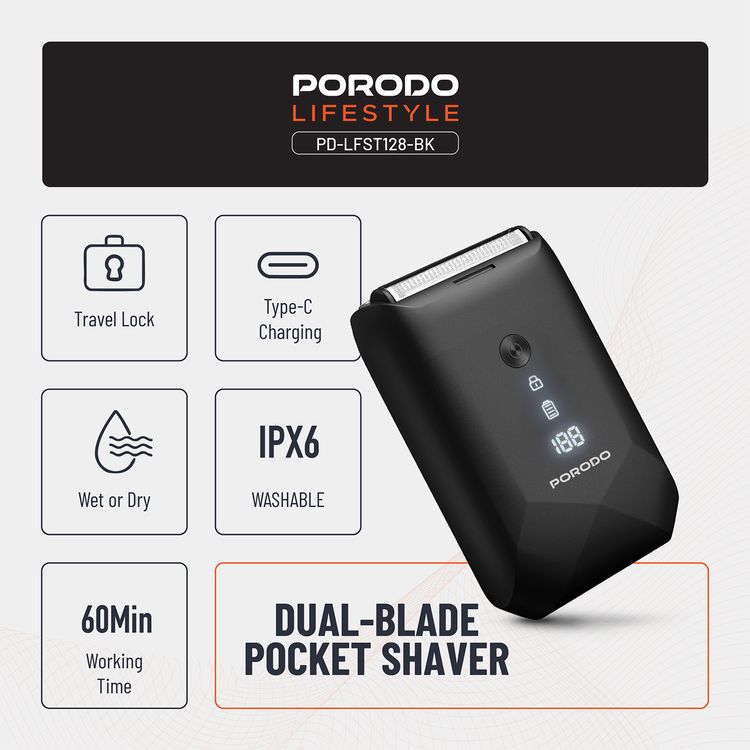 Porodo Lifestyle Dual-Blade Pocket Shaver with Travel Lock, Dual-Blade, Digital Display, Type-C Charging, 600mAh Battery, 8000RPM Motor Speed, Lightweight & Portable - Black