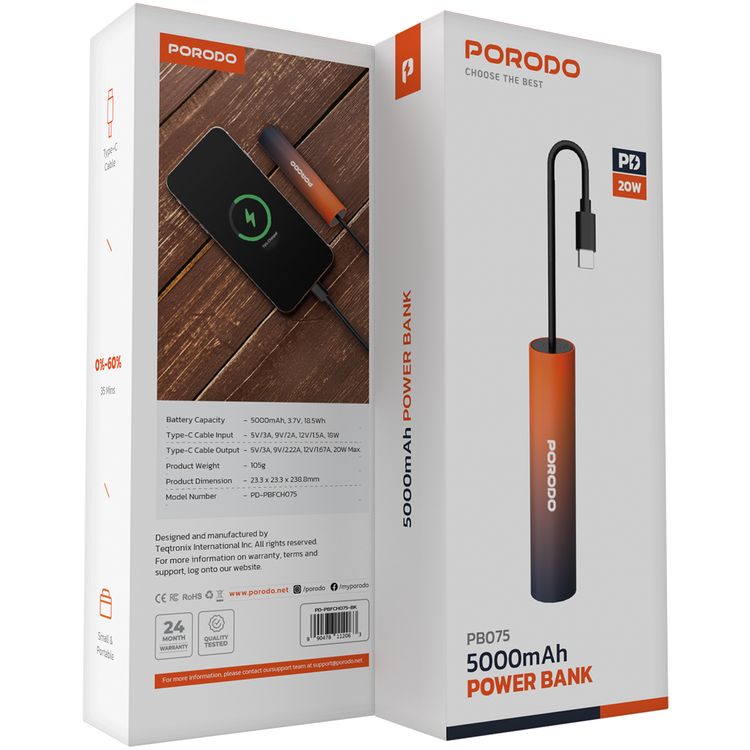 بنك طاقة بورودو PB075 بسعة 5000 مللي أمبير/ساعة مع كابل Type-C مدمج، PD 20 وات، ×2 منفذ Type-C، تصميم محمول، يدعم الشحن السريع - أسود