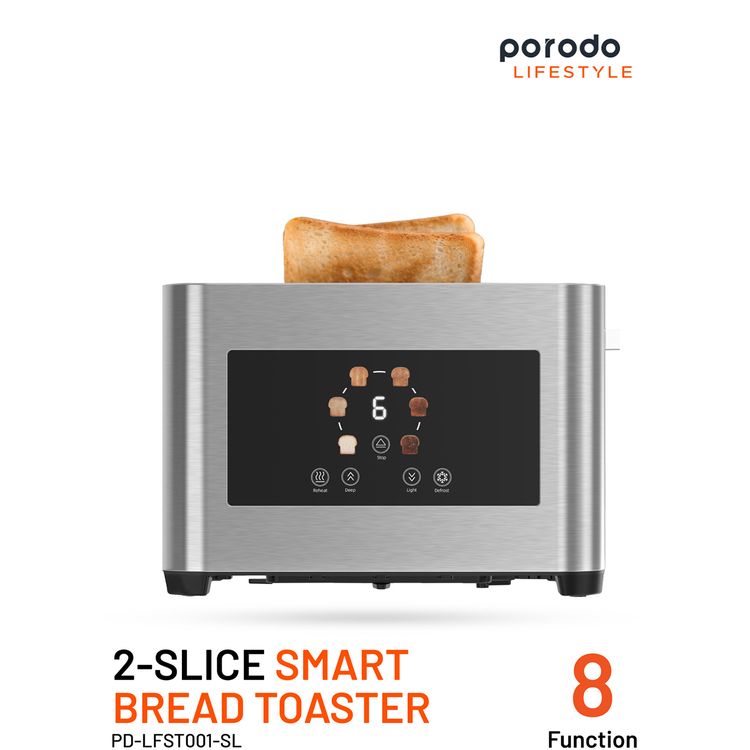 Porodo Lifestyle 2-Slice Bread Toaster with Touch Panel, 750-850W Rated Power, Stainless Steel 410 Material, 6 Browning Levels, 5 Functions, Removable Slide-Out Crumb Tray, Automatic Shut-Off - Silver