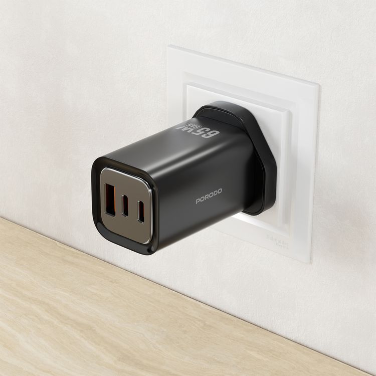 Porodo Triple Output Quick Wall Charger with 65W Power Delivery, Built-in Safeguards, Simultaneous Charging, 22.5W USB-A Output, Laptop Charging Compatibility - Black