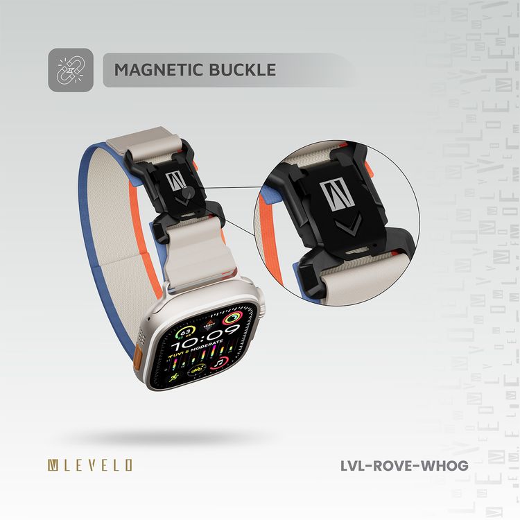 Levelo Rove Nylon Watch Strap with Magnetic Buckle, Compatible with 49/46mm Smartwatches & Apple Watch SE, Series 9, 8, 7, 6, 5, Abrasion Resistance, Hypoallergenic Material, Easy Snap-On & Quick Release Mechanism, Water-Resistant, Sweat-Resistant, 24/7 Wearability - White / Orange