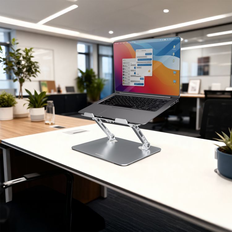 Porodo Aerodesk Cooling Laptop Stand with Adjustable Height, Rotating Joints, Quiet Fan Operation, Foldable Design, High-Speed Cooling, Anti-Slip, 8kg Load Capacity, USB-C Interface, 90° Rotation Angle, 4000rpm Motor Speed, 8kg Max Load Capacity - Silver