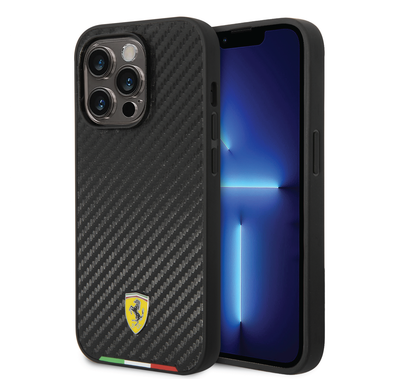 Ferrari HC PU Carbon Effect Case with Italian Flag Line iPhone 14 Pro Compatibility - Black