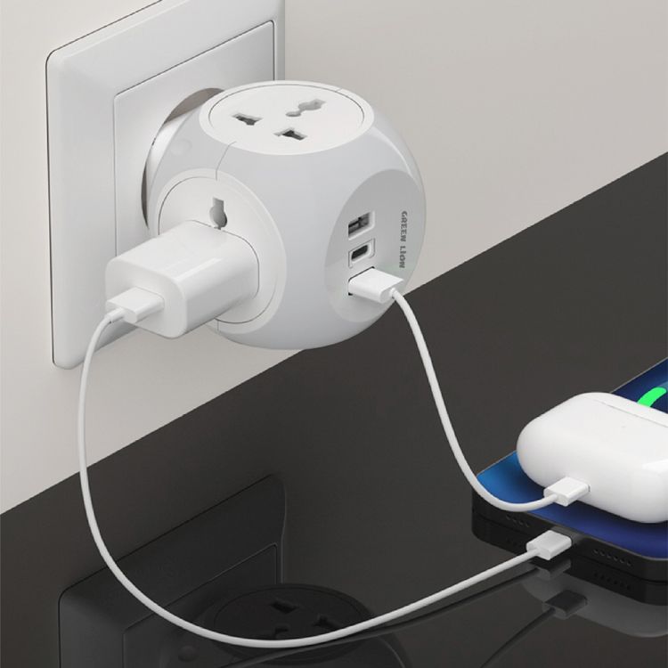 Green Lion Multi Port Travel Adapter with 4 AC Sockets, 2 USB-A Ports & USB-C Port, Short-Circuit Protection, Brass Conductor, Safety Shutters, 3250W Power - White