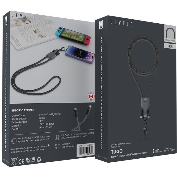 Levelo Tugo Type-C to Lightning 30W Lanyard Cable with TPE + Leather Material, 1m Cable Length, Data Transfer - Black/Gray
