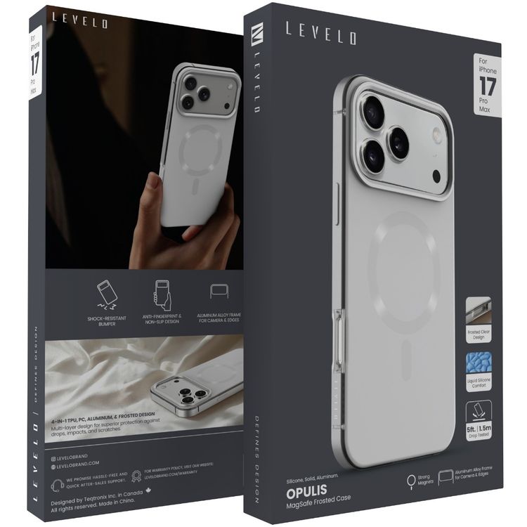 Levelo Opulis MagSafe Frosted Case for iPhone 17 Pro Max, Liquid Silicone Comfort, Anti-Scratch, Aluminum Alloy Frame for Camera & Edges, Anti-Fingerprint, Strong Magnets, Multi-Layer Design, Shock-Resistant Bumper, Non-Slip Surface - Silverstone