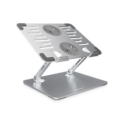 Porodo Aerodesk Cooling Laptop Stand with Adjustable Height, Rotating Joints, Quiet Fan Operation, Foldable Design, High-Speed Cooling, Anti-Slip, 8kg Load Capacity, USB-C Interface, 90° Rotation Angle, 4000rpm Motor Speed, 8kg Max Load Capacity - Silver