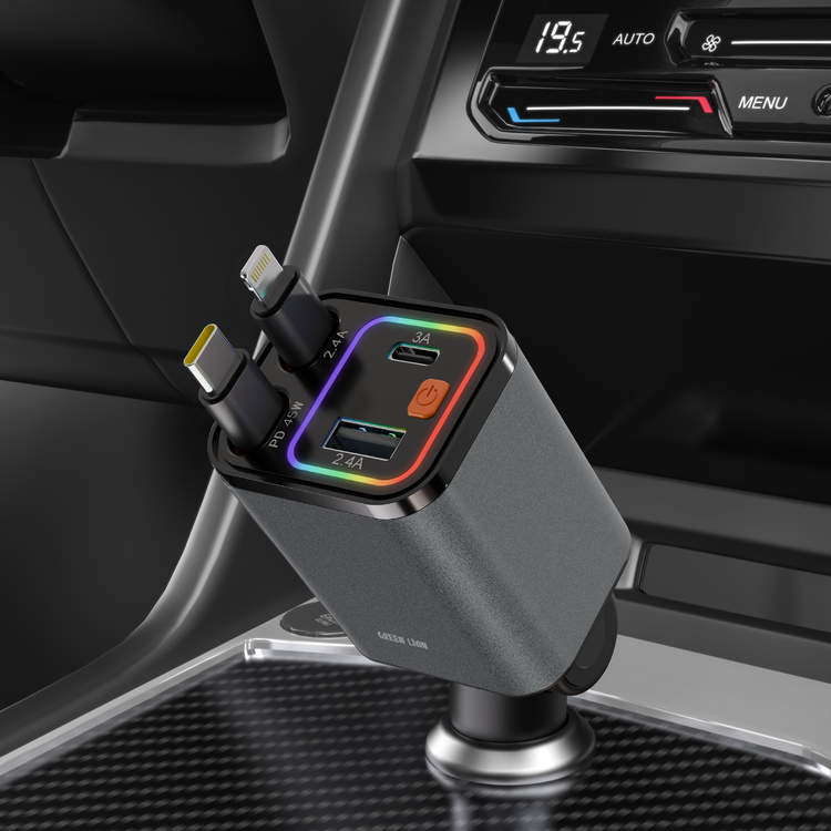 Green Lion Retractable 65W Car Charger with Simultaneous Charging, Built-in Safeguards, Multi-Color Ambient Lighting, Swivel Charging Port, Tangle-Free Retractable Cable, 80cm Built-in Cable, USB-A & USB-C Ports, ABS + PC + Aluminum Alloy Material - Gray