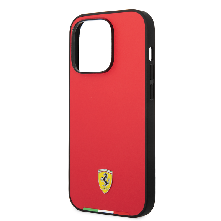 CG Ferrari Magsafe Compatibility Hard PU Smooth Case with Italian Flag Line & Metal Logo iPhone 14 Pro Compatibility - Red