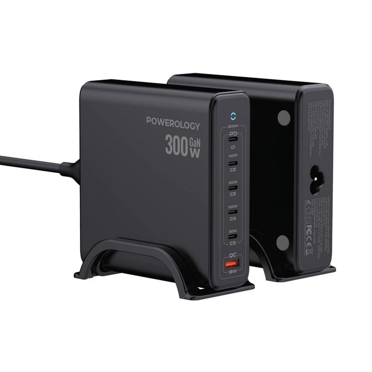 Powerology Volt-X Smart Desktop GaN Charger with PD 140 W, QC 18W, Laptop Charger, UK 3-Pin Plug, 300W Total Output, ×1 USB-A & ×5 USB-C Ports, Multiple Device Charging, Safe & Efficient Charging - Black