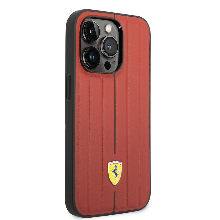 Ferrari Leather Case With Embossed Stripes & Yellow Shield Logo - iPhone 14 Pro Max - Red