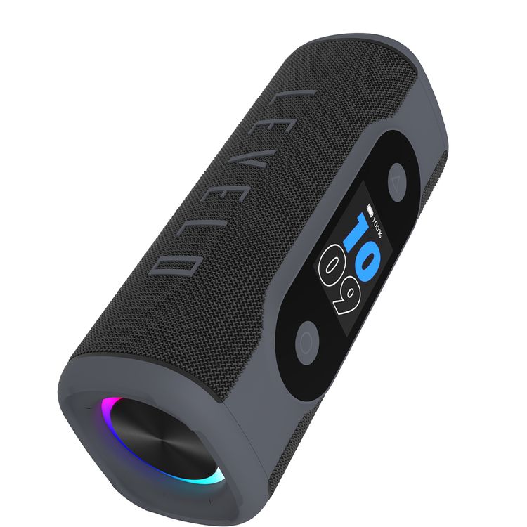 Levelo BassBeat Portable Speaker with 2.4" Touch Display, Up to 12 Hours Play Time, Bluetooth Version 5.4, 8000mAh Battery, Alarm, Clock & Calendar Functions, Water & Dust Resistant, Built-in FM Radio - Black