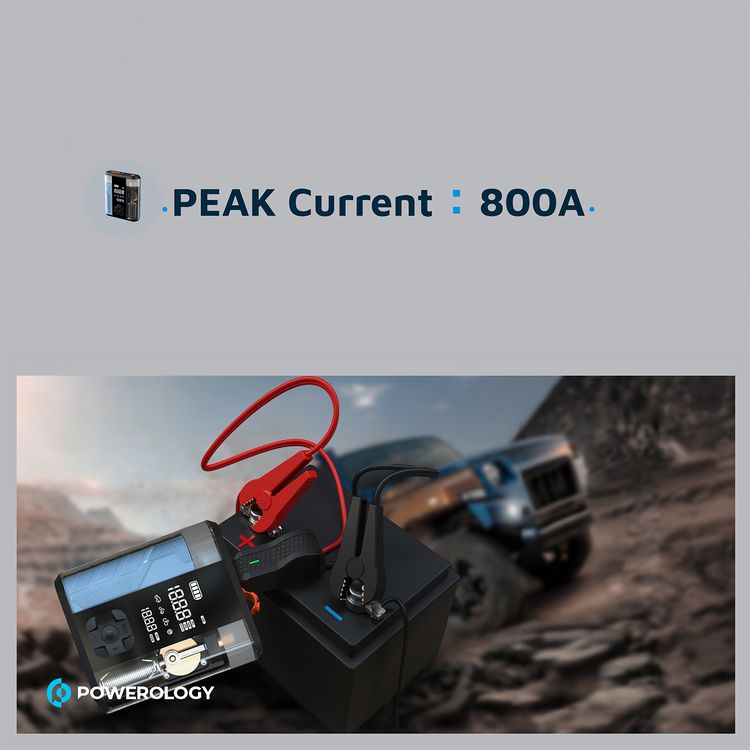 Powerology Multi-Functional Jump Start Air Compressor with Tire Inflator, 8800 mAh Battery Capacity, 2 Hours Charging Time, 800 A Peak Current, 300 A Start Current - Clear