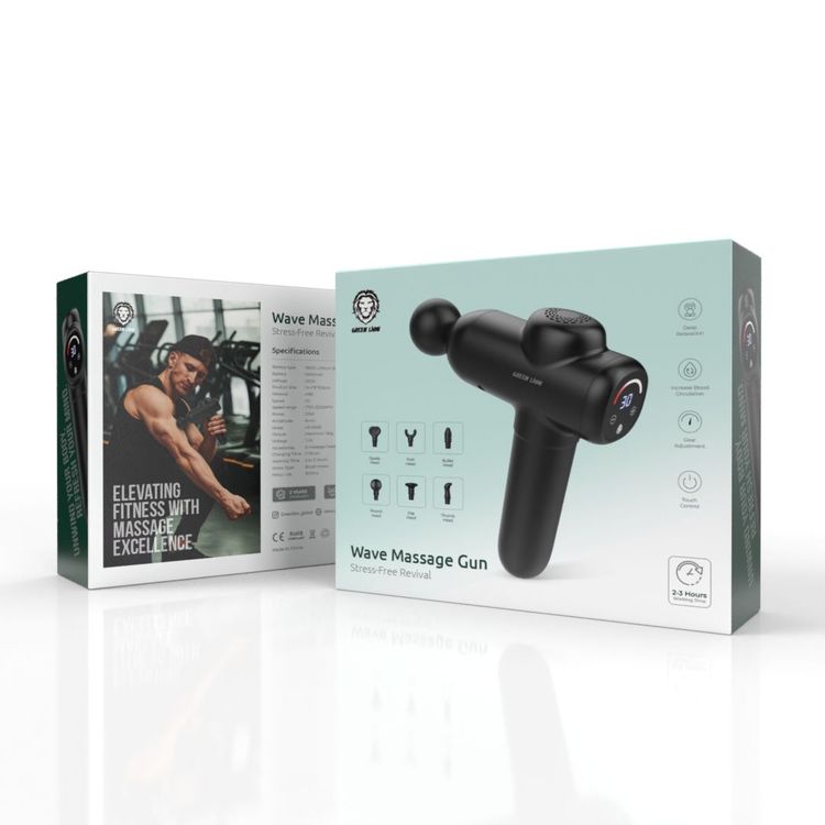 Green Lion Wave Massage Gun with Stress-Free Revival, 6 Massage Heads, USB Cable, 1500mAh Battery Capacity, 2-3 Hours Working Time, 3 Hours Charging Time, ABS Material, Touch Control - Black