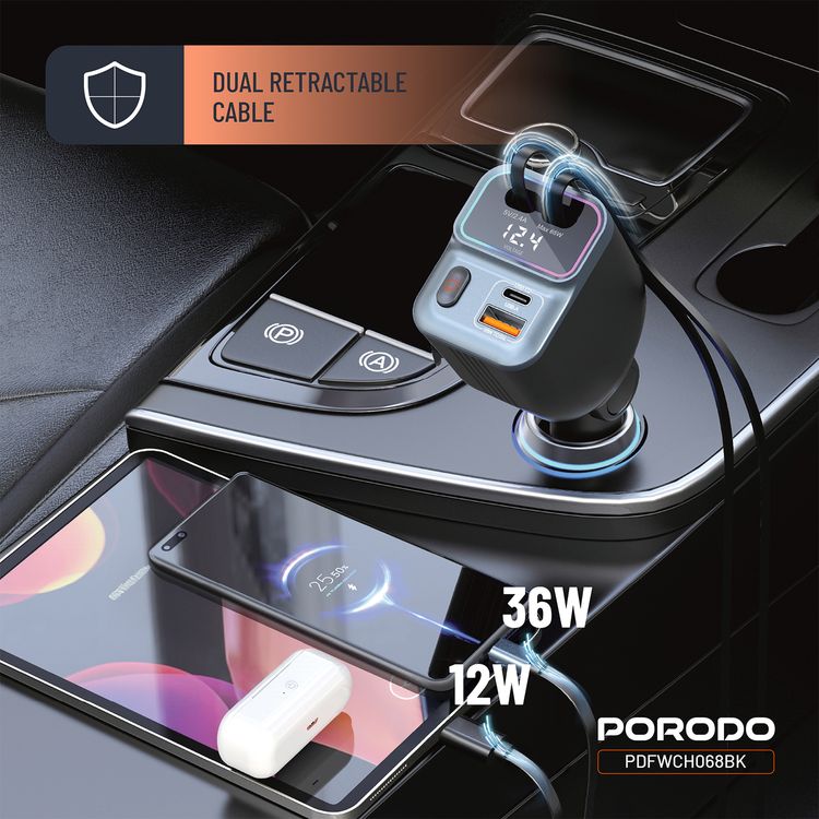 Porodo 65W Car Charger with Dual Retractable Cables, Real-Time Voltage Display, Type-C & Lightning Cable Types, USB-A & USB-C Ports, Universal  Compatibility - Black
